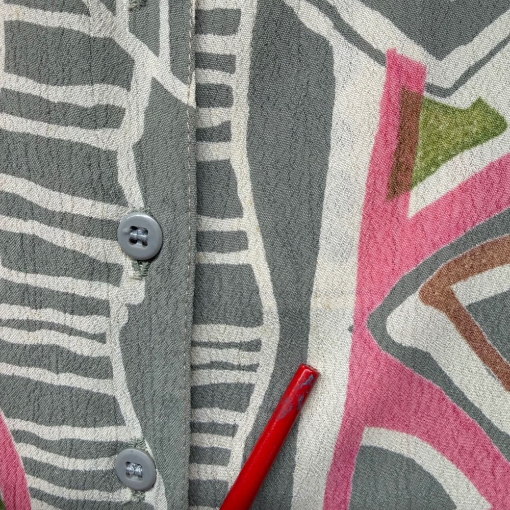 VTG Tribal Mask Print Rayon Shift Dress Grey Pink Sleeveless Button Down NWT M‎ - Picture 5 of 12